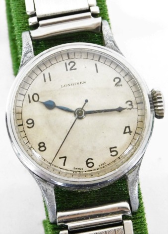 A Longines stainless steel gents wristwatch, with circular watch head stamped AM6B/159 1255/48, with cream dial and blue hands, 3cm wide.