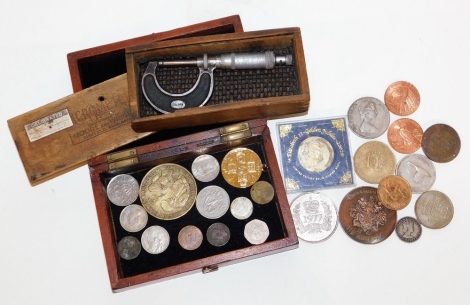 A group of coinage, to include commemorative crowns, Queen Elizabeth II visit token, a Canadian dollar, various other Royal Commemorative medallions, loose coinage, etc., and a Moor and Wrights micrometer. (a quantity)