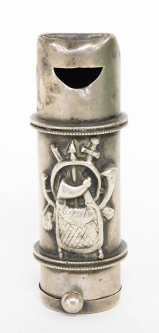 A Victorian silver sports club trophy whistle vesta case, with applied crest of carry case with clubs, inscribed The Widnes Athletic Club For Sports 1887, hallmarks rubbed but possibly to the same date, 7cm high, 1oz.