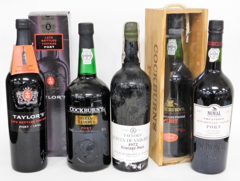 A group of vintage and other Port, to include a Cockburns Port 1998 in presentation case, a Noval vintage Port later bottled dated 2003, a Taylor Quinta De Vargellas 1972 vintage Port, a Cockburns Special Reserve Port and a further cased Taylors Port exam