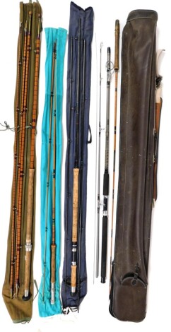 Various fly fishing rods, split cane rods, a Millbrow Bizou F7 rod, a Daiwa Regal silver fibreglass 8" rod, a Daiwa graphite salmon rod, an Albatross Darlington rod and an Alcox fly fishing rod, with a leather Stevenson's rod bag. (a quantity)