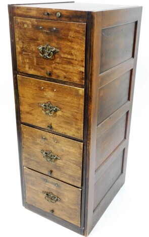 A vintage stained beech four drawer filing cabinet, with rococo brass handles and Yale lock, 133cm high, 51cm wide, 63cm deep. (AF)