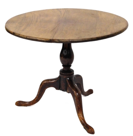 A 19thC mahogany tilt top table, on tripod base, 59cm high, 73cm diameter.