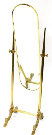 A brass framed cheval mirror, on reeded column supports, 162cm high, 52cm wide, approx 35cm deep.