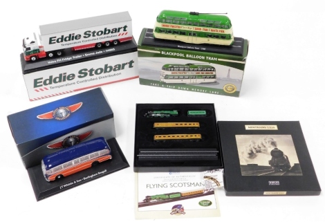 A group of collectors toys, to include an Eddie Stobart truck, a Blackpool balloon tram die cast model, a Mini Trains Editions Atlas collection, Flying Scotsman and a Classic Coaches collection coach. (4)