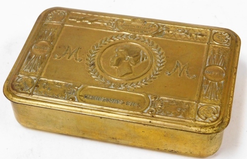 A Military 1914 tin, marked Christmas 1914 Belgium, France and Russia, 13cm wide.