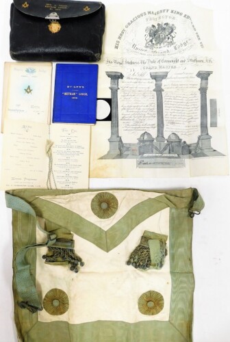 Masonic ephemera, to include the Metham Lodge number 1205 carry case, with Masonic regalia apron, a portrait, Phoenix Lodge installation certificate for 1912, The Bylaws of Metham Lodge 1904, and Lodge registration papers. (a quantity)