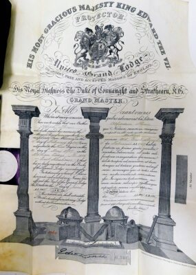 Masonic ephemera, to include the Metham Lodge number 1205 carry case, with Masonic regalia apron, a portrait, Phoenix Lodge installation certificate for 1912, The Bylaws of Metham Lodge 1904, and Lodge registration papers. (a quantity) - 3