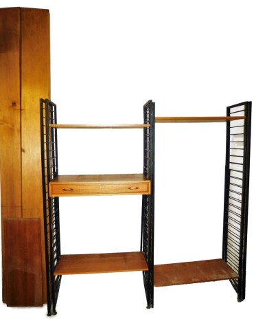 A selection of Ladderax, comprising six metal supports, single drawer cupboard, 13cm high, 89.5cm wide, 40cm deep, with five shelves but brackets for four, and five additional non Ladderax shelf additions, 290cm long, 22cm and 26cm wide.