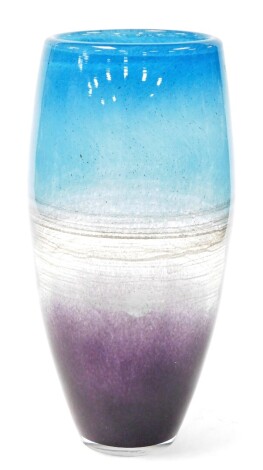 A tall Murano style glass vase, with purple banded bottom and a blue top with striped centre, 39cm high, 14cm diameter.