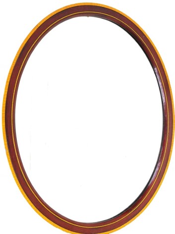 An Edwardian mahogany and marquetry inlaid oval wall mirror, with two row lightwood banding, on a mahogany frame, with oval mirror plate, 67cm x 60cm.