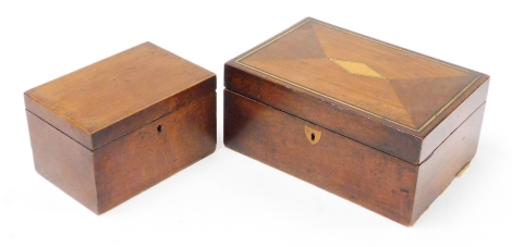 Two 19thC wooden boxes, to include a wooden tea caddy with two tea caddy lids, with bone handles, with plain outer design, 11cm high, 129cm wide, 13cm deep, together with a marquetry banded writing box, the top with border and diamond central motif with a