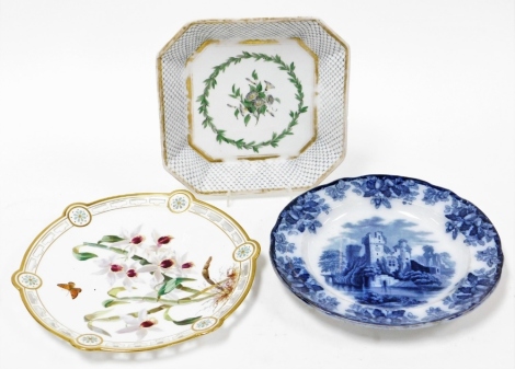 A group of 19thC and later plates, to include a Copeland Spode transfer ware plate circa 1848, an octagonal Dagoty hard paste porcelain dish with gilt decoration and a Davenport pierced orchid cabinet plate. (3)