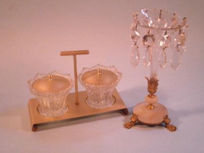 A 19thC French gilt metal and alabaster table lustre with cut glass drops