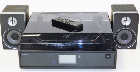 A Neostar professional belt drive turn table with cassette radio CD recorder and USB encoding to computer, five in one system, purchased in September 2013 with original box.