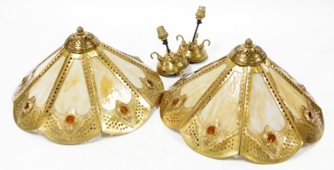 Two Tiffany style shades, on brass ceiling supports, with cream/yellow coloured shades and applied gem detailing, approximately 30cm high, 44cm wide. (2)