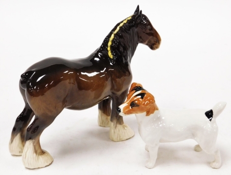 Two Beswick animals, a brown shire horse and a Jack Russell terrier.