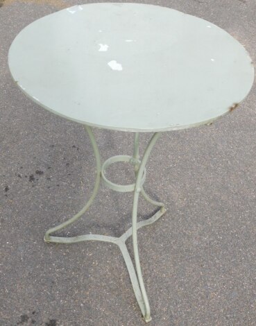 A cast metal green painted circular garden table, 73cm high, 53cm diameter.