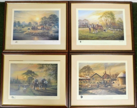 After David Waller. Four framed Lincolnshire prints, comprising Lincolnshire Harvest 181/250, Lincolnshire Longwools 131/250, The Lincolnshire Plowman 131/250, Home of The Lincolnshire Red 131/250, 40cm x 53cm, framed and glazed. (4)