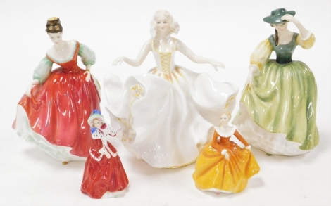 Five Royal Doulton ladies, comprising Buttercup HN2309, Fair Lady HN2832, Sweet Seventeen HN2734 and two miniature Doulton ladies Fragrance HN3220 and Christmas Morn HN3212. (5)