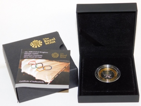 A Royal Mint 2008 Untied Kingdom Olympic Games handover ceremony silver proof £2 coin, boxed.