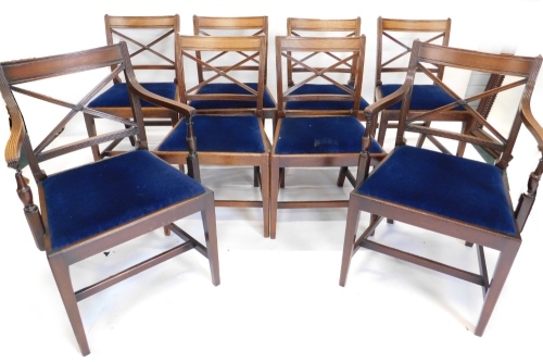 A set of eight early 19thC mahogany dining chairs, each with reeded supports and X shaped back, a drop in seat on square tapering legs, two elbow chairs are of a later date.