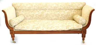 A William IV mahogany sofa, with leaf and scroll patterned upholstery, carved supports to the arms, on turned tapering legs headed by patera and brass castors, 207cm wide.