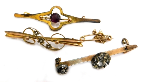 Three bar brooches, comprising a Victorian 9ct bar brooch, set with three flowers, each with seed pearls, silver and paste stone set bar, and another. (3 - AF)