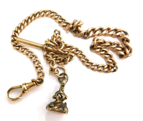 A rose gold watch chain, with later yellow gold clip and t-bar, unmarked, with gold plated seal stamp, 37cm long, 37.2g all in.