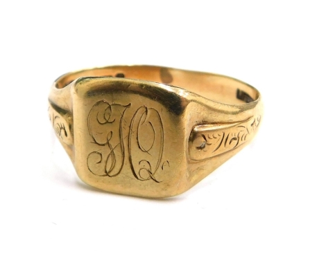 A 9ct gold gentleman's signet ring, with square ring head bearing initials GJQ, and engraved shoulders, ring size Q½, 4.7g all in.