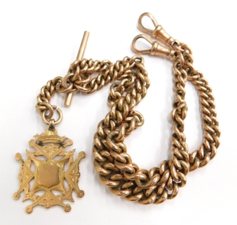 A 9ct gold watch chain, the curb link watch chain with two clip ends, t-bar and additional chain drop with shield crest, 58.6g all in.