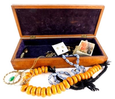 A group of costume jewellery, to include a wooden beaded necklace, two glass fish, modern gold finish dress ring, necklaces, bar brooches, etc. (1 box)