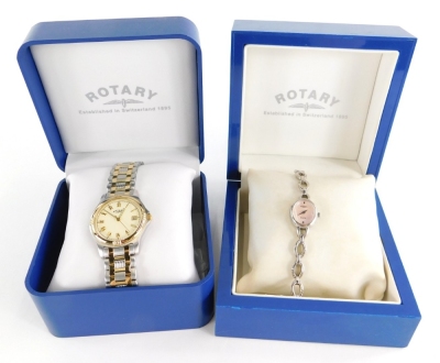 Two cased Rotary wristwatches, to include one gentleman's example, on stainless steel, with gold finish surround and a Rotary Elite ladies wristwatch. (2)