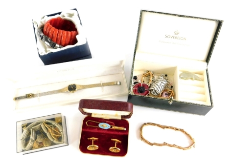 A group of costume jewellery, to include gold plated wristwatch straps, poppy necklace, jade fish pendant, Seiko ladies wristwatch, coral type brooch, etc.