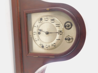 An early 20thC mahogany mantel clock, with Westminster chime in Napoleons hat shaped case, the movements stamped Made In Germany, 54cm wide. - 2