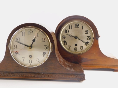 A 1920s/30s mahogany cased mantel clock, with silver dial and Westminster chime, the case inlaid with a fan, etc., 43cm wide, and an oak cased mantel clock with Westminster chime. - 2