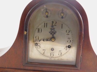 An early to mid 20thC mahogany mantel clock, with Westminster chime, German brass movement and Napoleons hat shaped case, 54cm wide. - 2