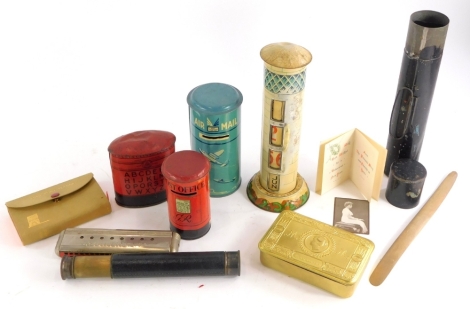 Various collectables, to include a brass three drawer telescope stamped Hawkes 18XBC B.C & Co Ltd, a Nightingale harmonica, various tins, a Queen Mary 1914 Christmas tin, etc.