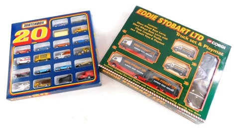 A quantity of die cast vehicles, to include Eddie Stobart Corgi truck set and playmat, and a Matchbox twenty car set. (2 boxes)