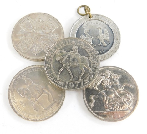 Four various nickel silver crowns, and a George V commemorative medallion. (5)