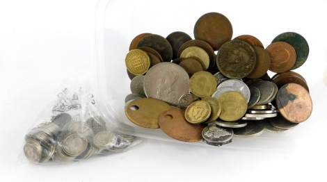 A quantity of British and foreign coins, two 19thC colliery tokens and various threepences, to include silver.