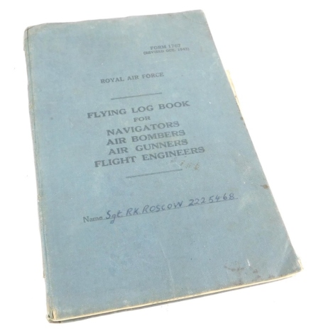 A 1944-45 RAF log book, for a Sergeant R K Roscow (225468), training on Anson, Wellington and Liberators.