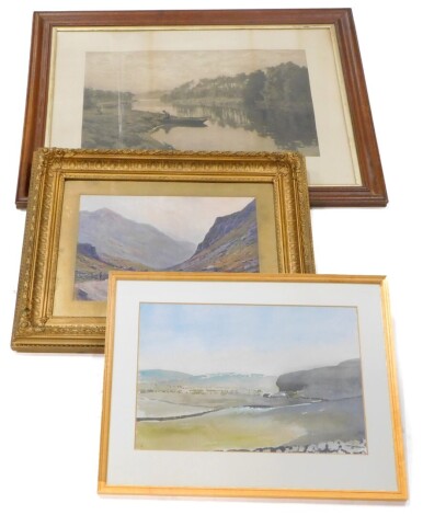 Alan D Hitchcock. Kilascilasey, watercolour, 29cm x 41cm, a print titled A September Morning, and a coloured print in gilt frame after Alf De Breanski Junior, (3).