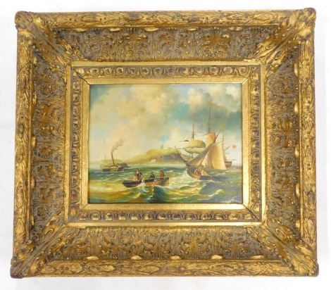 After Charles Webb. Coastal scene with paddle steamer sailing boats, etc., oil on board, 19cm x 24cm.