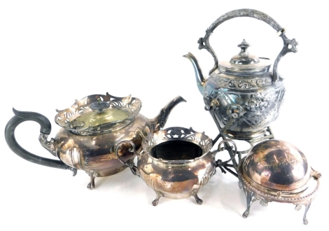 A quantity of silver plate, to include an embossed kettle on stand, etc.