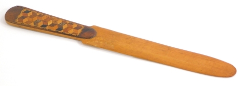 A 19thC Tunbridge ware sycamore and rosewood letter opener, the handle with mosaic decoration of flowers, with reverse of geometric cube design, 24.5cm long.