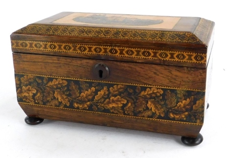 A 19thC Tunbridge ware and rosewood tea caddy, the lid engraved with a country house scene, within geometric borders, enclosing two lidded divisions, the base with a band of leaves on bun feet, 24cm wide.