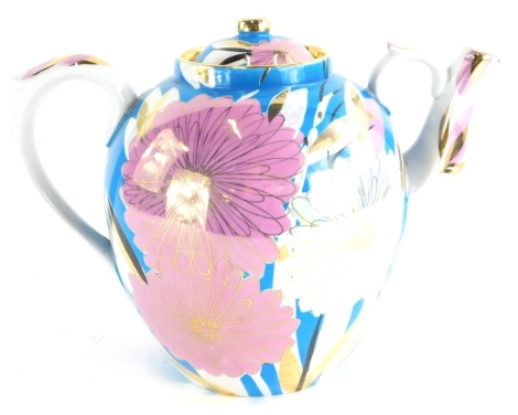 A large Russian porcelain teapot, decorated in pink and white lustre glazes with flowers, printed marks to underside, (AF), 32cm wide.