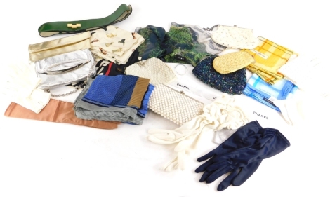 A quantity of ladies evening bags, some gloves, scarves, etc.