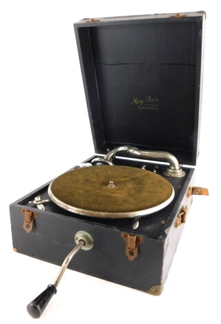 A May-Fair standard mottle portable gramophone, in black canvas mounted case.